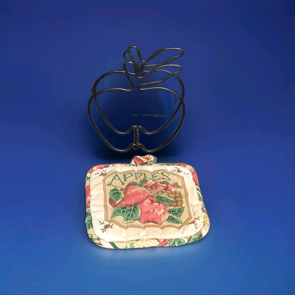 Apple Themed Napkin Stand Potholder + Matching Holder Linen Set Red Fruit Motif